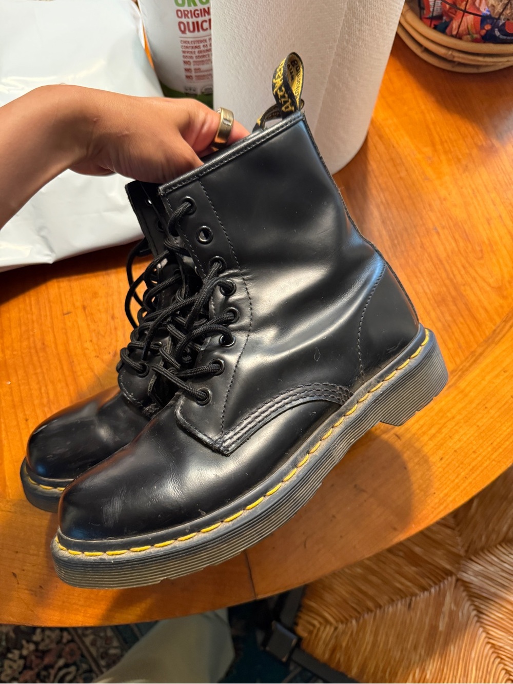 Dr. Martens Black Leather 8-Eye Lace-Up Boots with Yellow Stitching